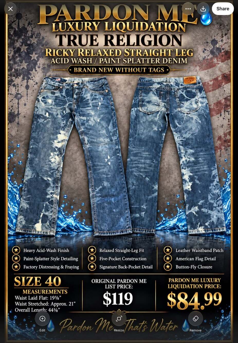 True Religion Bleached Paint Splatter Distressed Denim Jeans Y2K